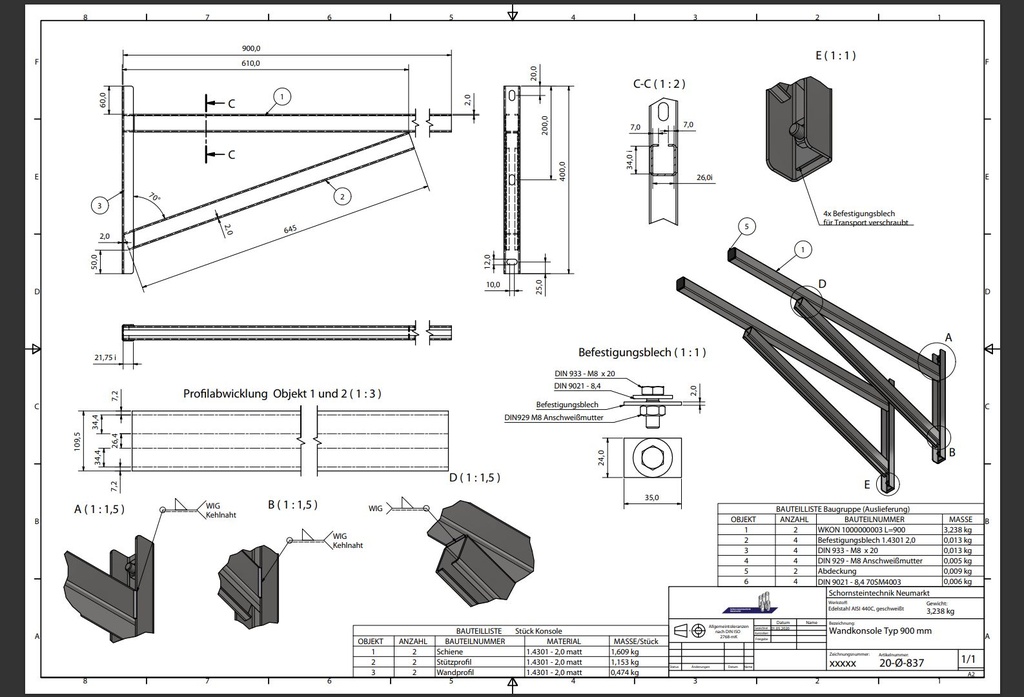 [20-250-837] Wandkonsole Typ 900 mm (K5) · Ø250 · System 20